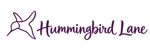 Hummingbird Lane logo with plum hummingbird and organic lettering
